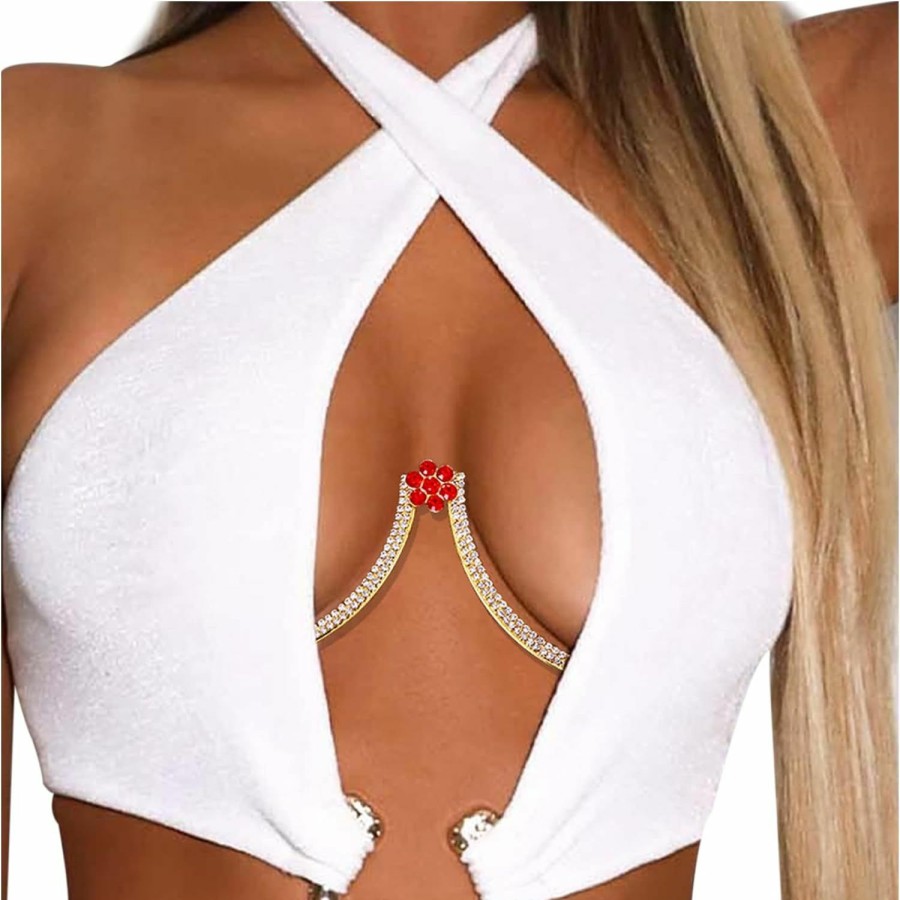 Body Chains | Rotaiboes Rhinestone Chest Bracket Bra Chain Body Jewelry Bikini Crystal Flower-Shaped Chest Bracket Sexy Nightclub Prom Gold Body Accessories Jewelry For Women And Girls (Safflower)