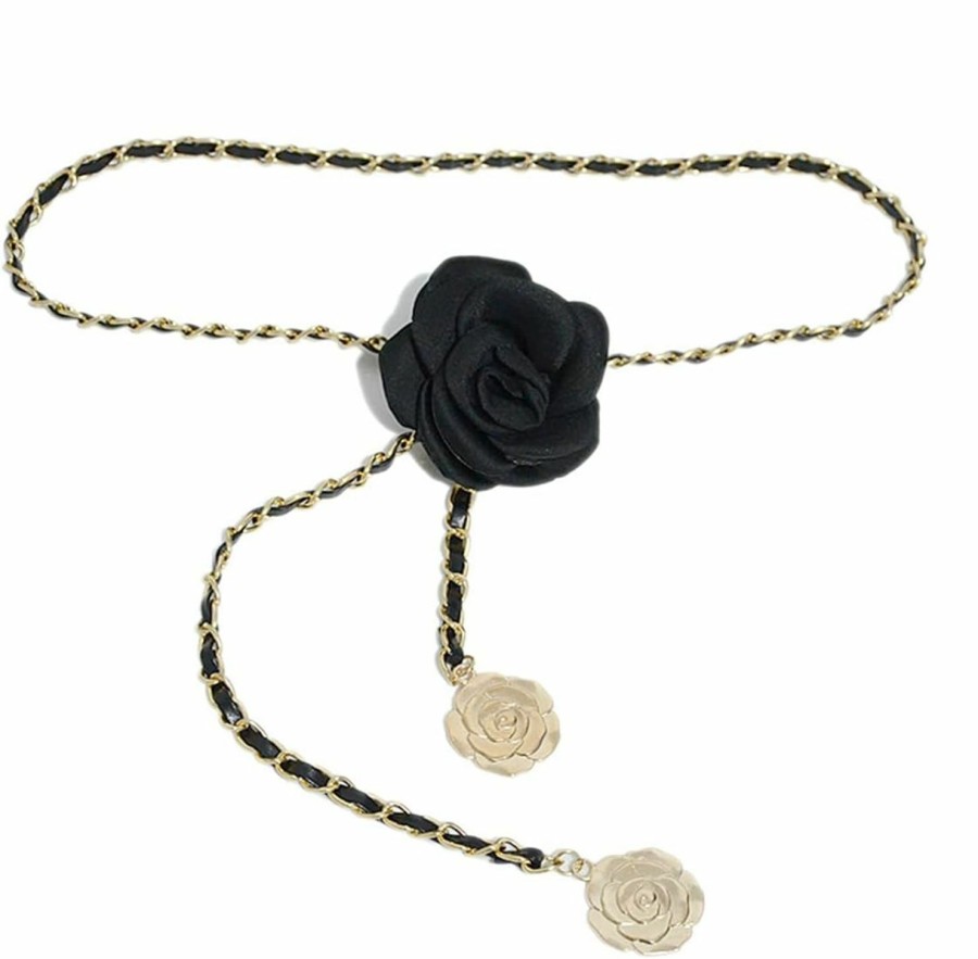 Body Chains | eartif Women Leather Waist Chain For Dresses Adjustable Flower Belly Chain Belt Black Metal Body Chain Accessories For Prom Jewelry Gift