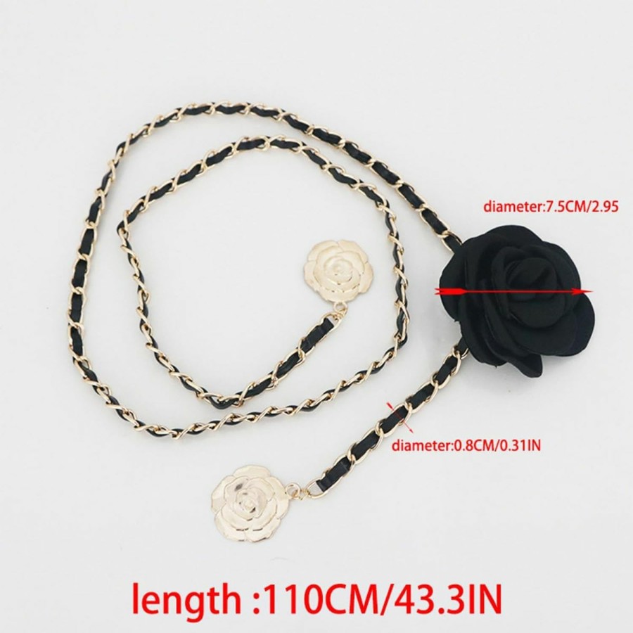 Body Chains | eartif Women Leather Waist Chain For Dresses Adjustable Flower Belly Chain Belt Black Metal Body Chain Accessories For Prom Jewelry Gift