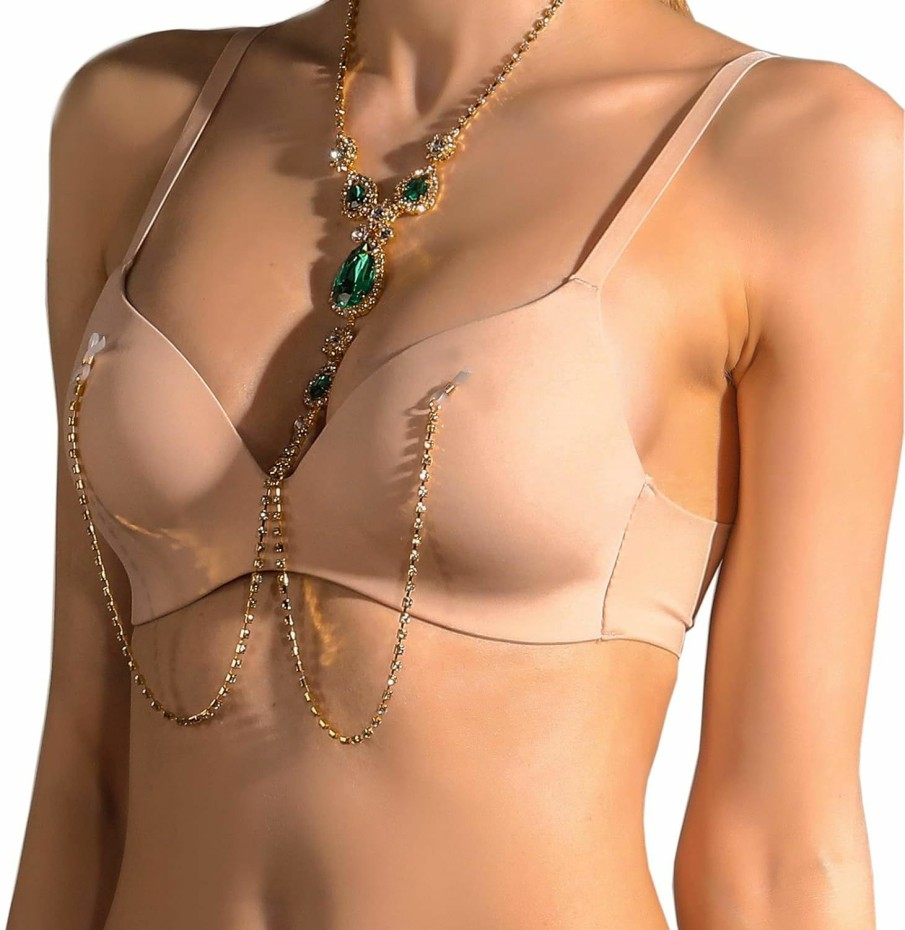 Body Chains | Cusmyre Sexy Rhinestone Bra Chain Crystal Waist Belly Bikini Body Chain Necklace Jewelry Rhinestone Harness Chain Non Piercing Nipple Body Chain For Women (Gold+Green Bra Chain)