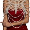 Body Chains | Cowking Cowking Luxury Body Chain Layered Pearl Shoulder Chain Multilayered Silver Body Jewelry Accessories Chain For Women And Girls