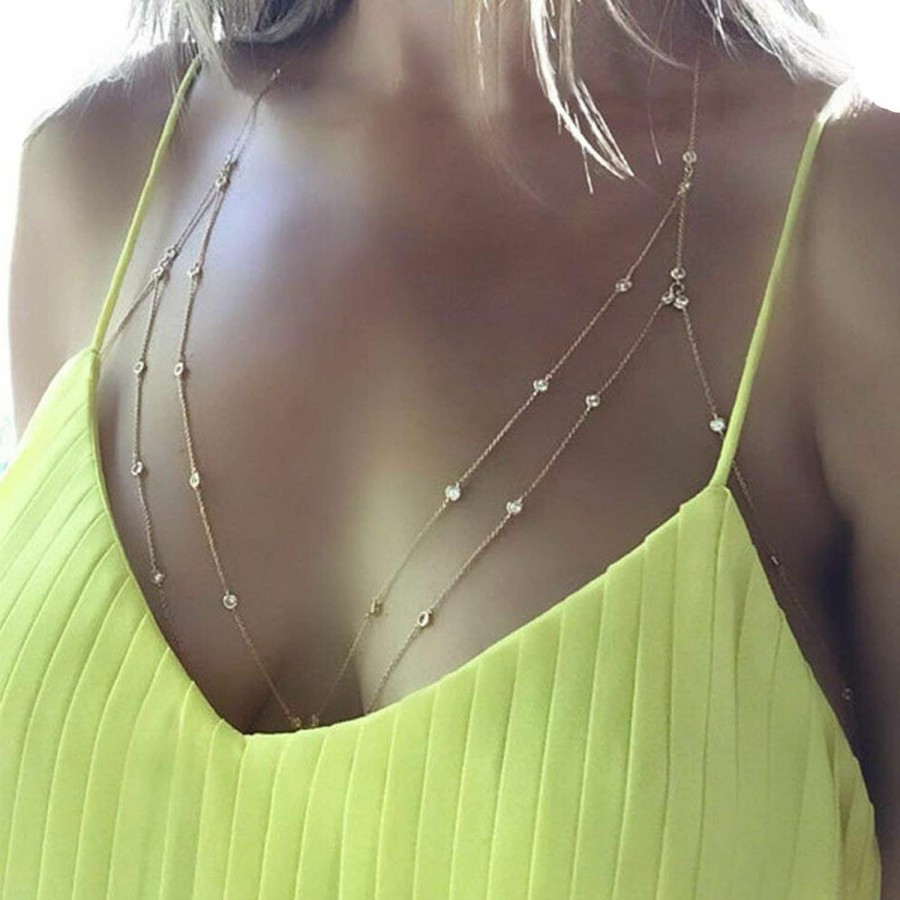 Body Chains | Cusmyre Bohemian Chain Bra Sexy Beads Shiny Luxury Long Rhinestone Bra Body Chains Statement Body Chain Jewelry Cross For Women Beach Body Accessories (Gold, Double-Layered)