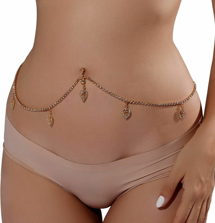 Body Chains | Cusmyre Summer Rhinestone Leaf Dangle Belly Button Ring With Waist Chain Crystal Piercing Navel Belly Chain Sexy Bikini Tassel Belly Body Chain Jewelry For Women Girls (Gold)