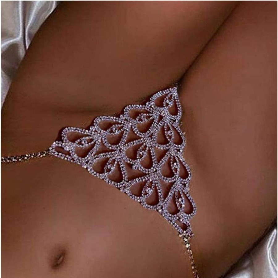 Body Chains | Cusmyre Women Sexy Rhinstone Underwear Thong Panties Tassel Leaf Pendant Crystal Body Chain Jewelry Bikini Crystal Belly Waist Chain (Silver)