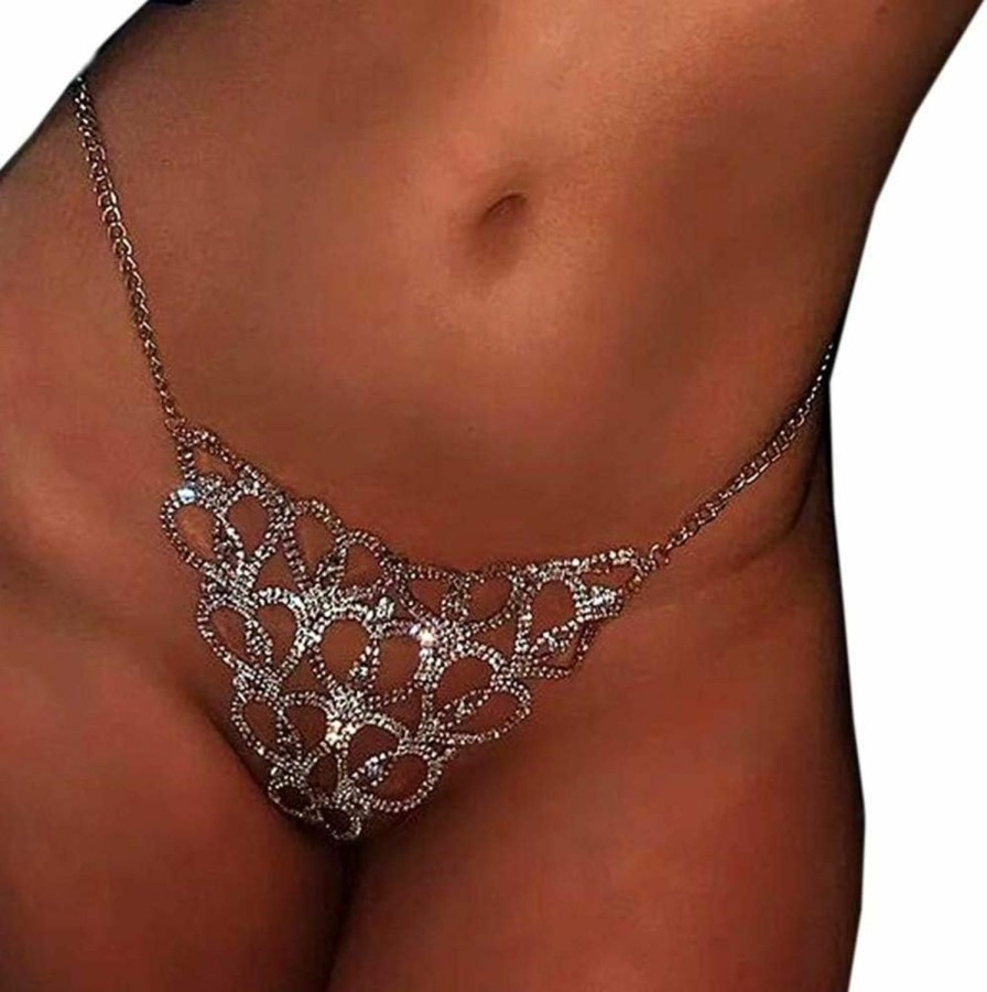 Body Chains | Cusmyre Women Sexy Rhinstone Underwear Thong Panties Tassel Leaf Pendant Crystal Body Chain Jewelry Bikini Crystal Belly Waist Chain (Silver)