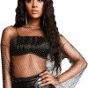 Body Chains | Coloch Coloch Black Mesh Rhinestones Body Chain, Sexy Long Sleeve See Trough Crop Top Bikini Chain Crystal Hollow Out Fish Net Swimsuit Cover Up For Women And Girls