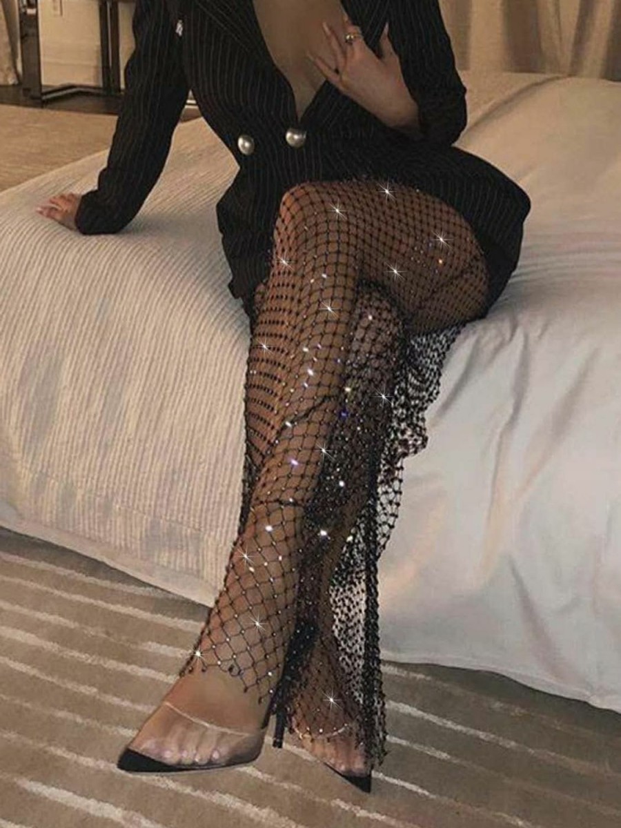 Body Chains | Lorealri Lorealri Mesh Fishnet Pants Black Rhinestone Leggings Sparkly Crystal Cover Up Hollow Out See Through Bottoms Bikini,47.2In/120Cm