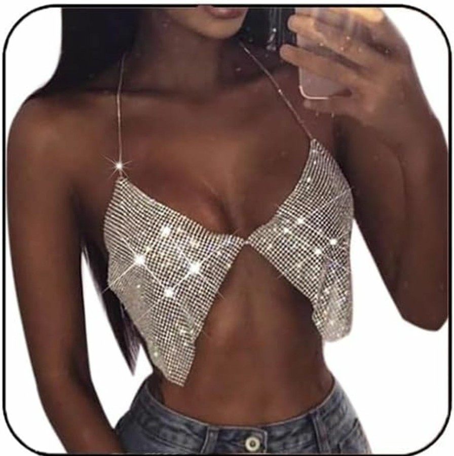 Body Chains | Unknown Jeweky Crystal Bra Chain Silver Sparkly Crop Top Body Chains Sexy Beach Nightclub Rave Bikini Chest Accessories Jewelry For Women And Girls