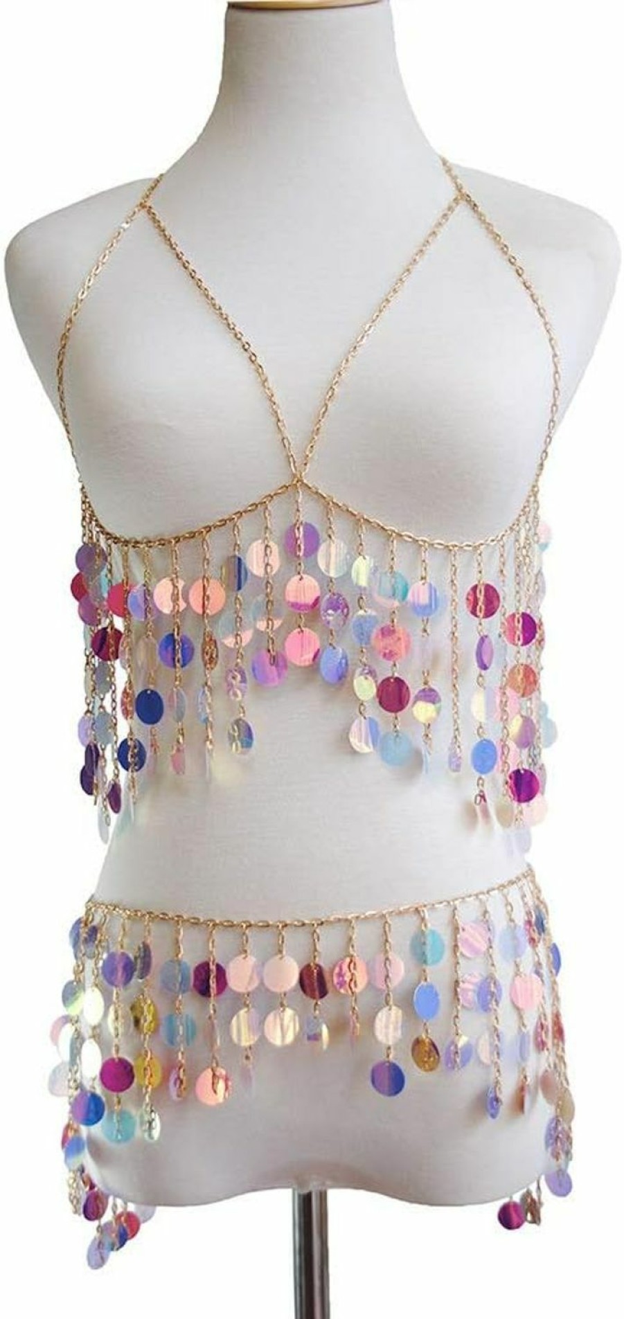 Body Chains | Sinkcangwu Sinkcangwu Womens Body Chain Suit Boho Rhinestone Bra Waist Belly Chain With Tassel Indian Dancing Skirt Dress For Party Halloween Costume Beach Bikini