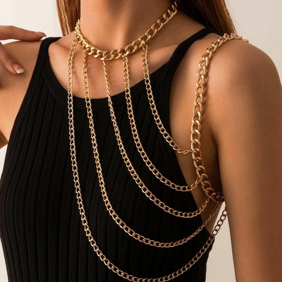 Body Chains | Clataly Clataly Sexy U-Shaped Tassels One-Shoulder Body Chain Neck Chain Necklace Body Accessories Jewelry For Women And Girls