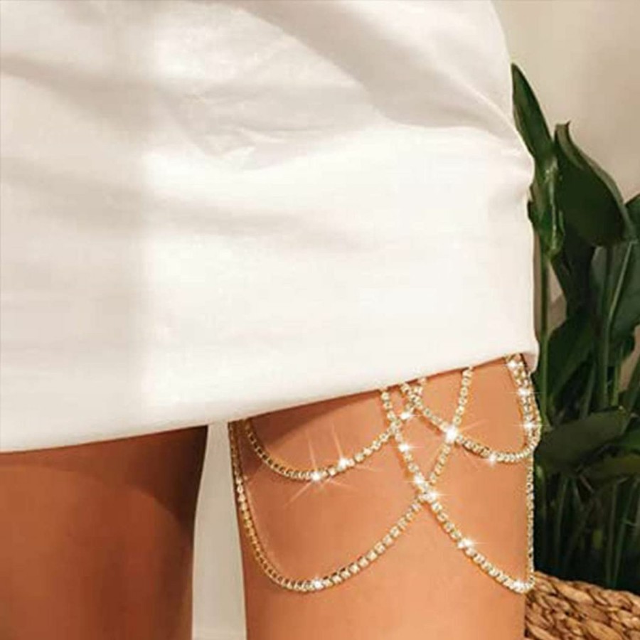 Body Chains | LUDRESS Ludress Layered Thigh Chain Gold Rhinestones Leg Chain Spaekly Crystal Body Chain Halloween Rave Body Jewelry Accessories For Women And Girls