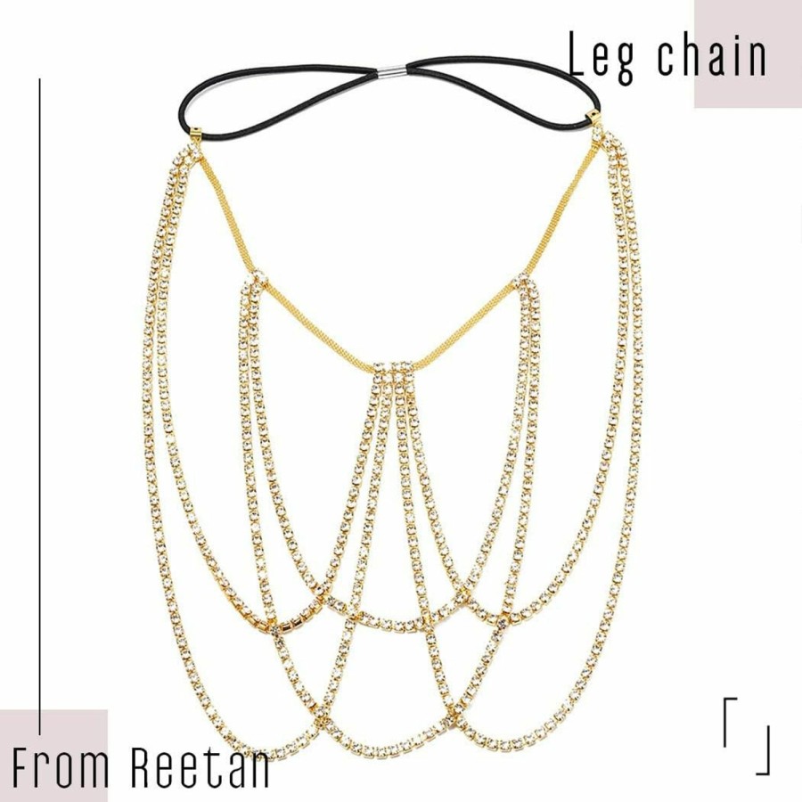 Body Chains | REETAN Reetan Boho Crystal Leg Chains Rhinestone Body Chain Rave Party Thigh Chain Body Jewelry Accessories For Women And Girls