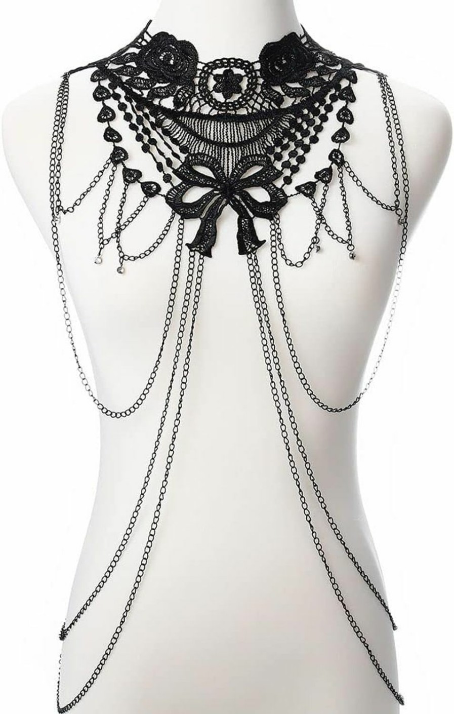 Body Chains | Yovic Yovic Gothic Black Body Chain Sexy Lace Shoulder Necklace Chain Layered Rhinestone Bra Chain Rave Prom Costume Party Body Jewelry For Women And Girls