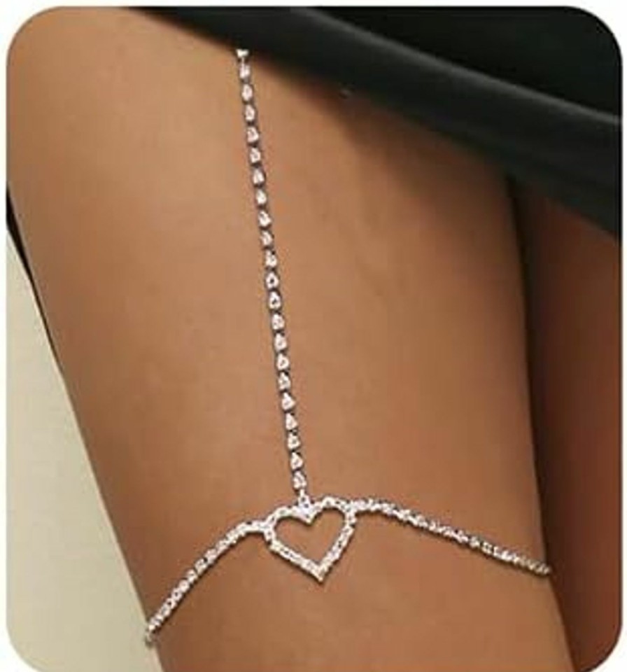 Body Chains | Jumwrit Jumwrit Rhinestone Leg Chain Layered Body Chain Silver Thigh Chain Tennis Body Chain Heart Waist Chain Bling Belly Chain For Women Girls