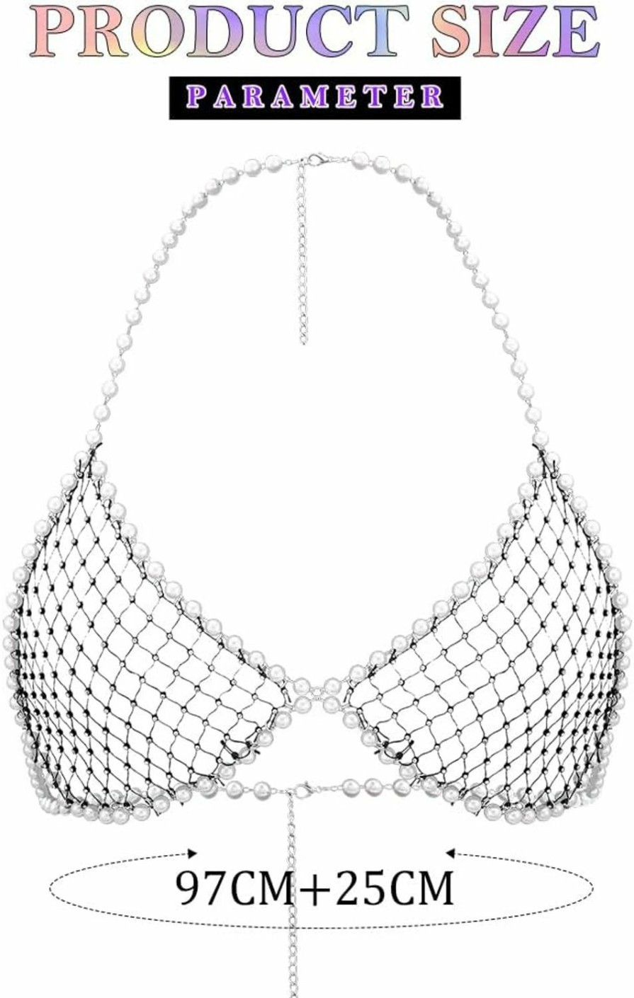 Body Chains | REETAN Reetan Pearl Body Chain Mesh Crystal Chest Chain Rave Sparkly Bra Chain Party Fashion Body Jewelry For Women And Girls