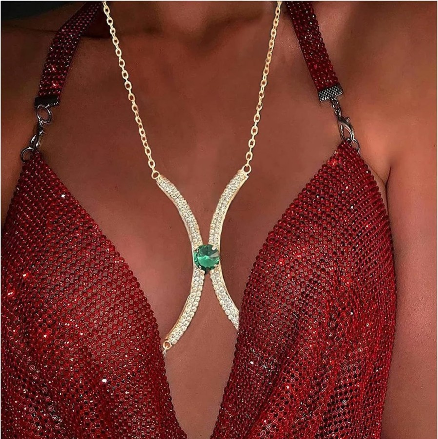 Body Chains | Cusmyre Rhinestone Chest Bracket Bra Chain Body Jewelry Bikini Crystal Body Chain Rhinestone Bra Underwear Chain Sexy Lingerie Chest Chain For Women(Green Pendant)