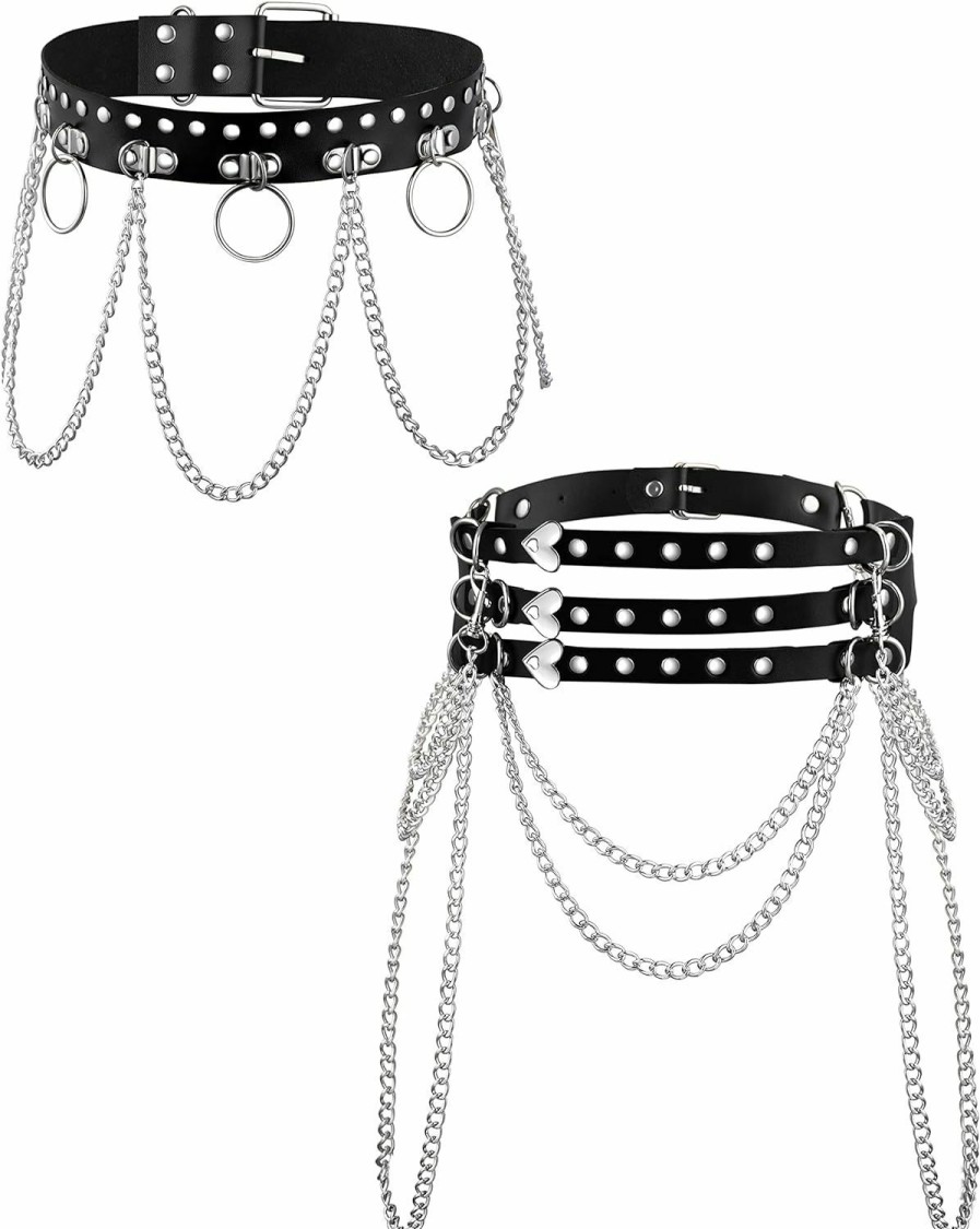 Body Chains | LOREMOW Loremow 2 Pcs Leather Waist Chain Belt For Women Girls Punk Layered Waist Belly Chain Goth Body Chain Nightclub Party Body Jewelry Accessories