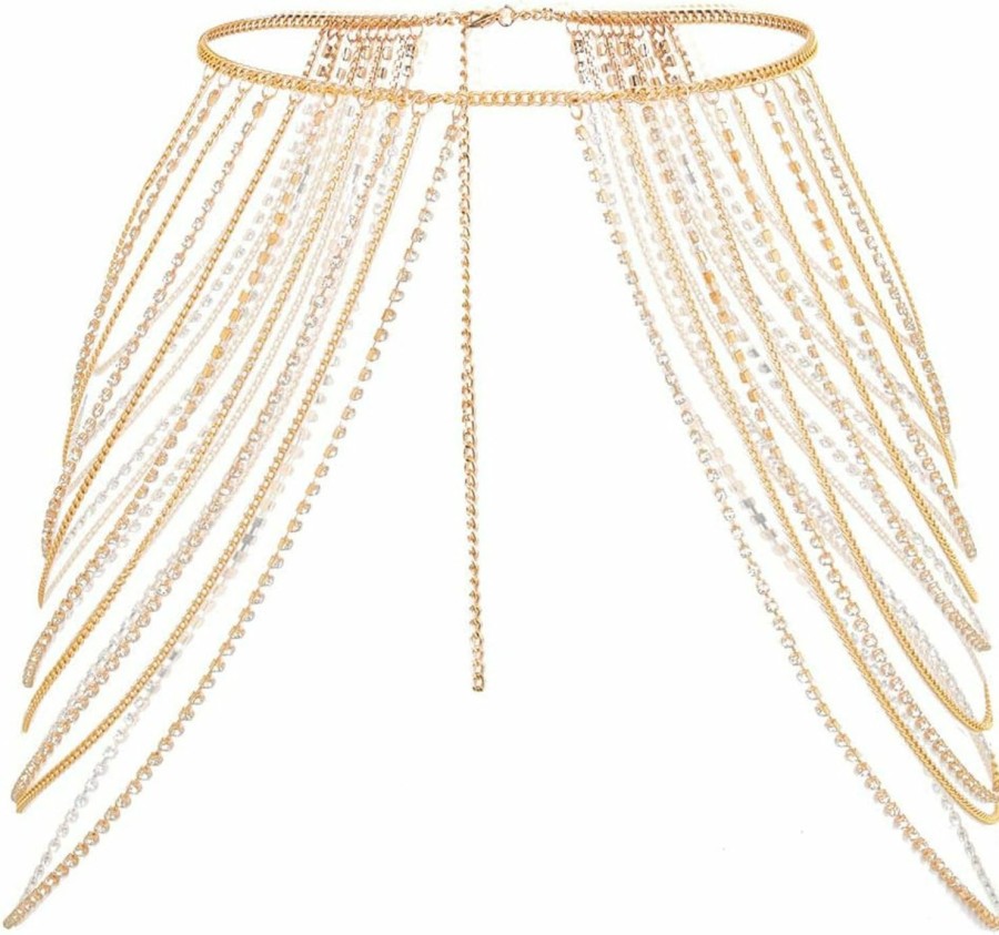 Body Chains | Yovic Yovic Boho Gold Body Chain Sexy Rhinestone Leg Chains Bikini Layered Waist Chain Rave Party Nightcup Body Jewelry For Women And Girls(Gold-2)