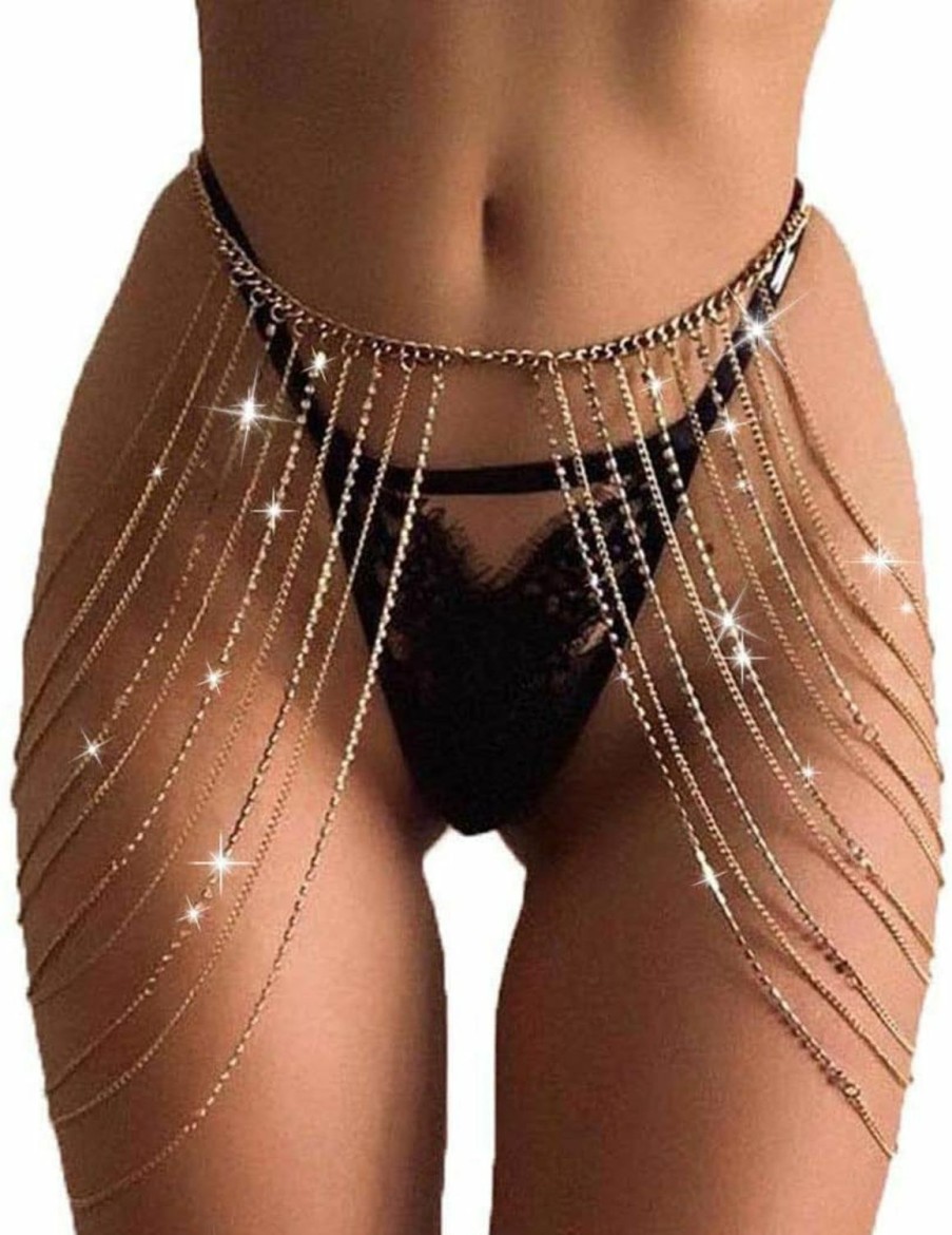 Body Chains | Yovic Yovic Boho Gold Body Chain Sexy Rhinestone Leg Chains Bikini Layered Waist Chain Rave Party Nightcup Body Jewelry For Women And Girls(Gold-2)