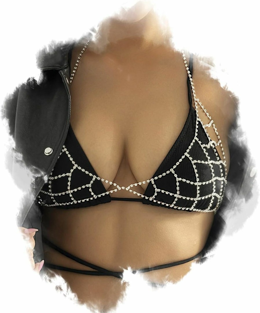 Body Chains | Formery Formery Sparkly Crystal Bra Body Chains Mesh Rhinestone Chest Chain Hollow Out Bikini Nightclub Body Jewelry Accessories For Women