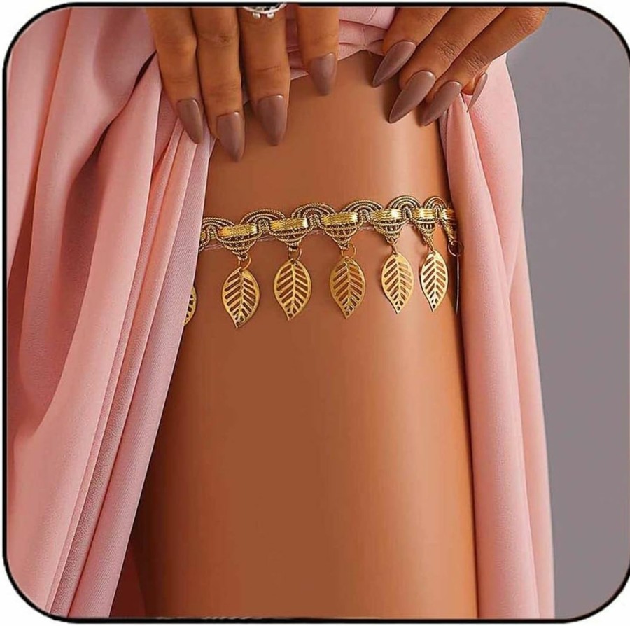 Body Chains | JEWEKY Jeweky Boho Hollow Leaf Leg Chain Tassel Thigh Chain Beach Gold Body Chain Summer Party Body Jewelry For Women And Girls