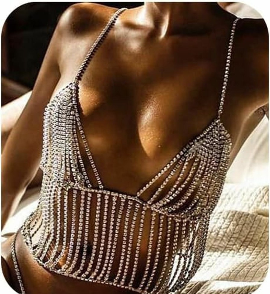 Body Chains | Metisee Metisee Rhinestone Body Chain Crystal Bra Chain Layered Tassels Chain Top Rave Bikini Chain Body Jewelry For Women And Girls