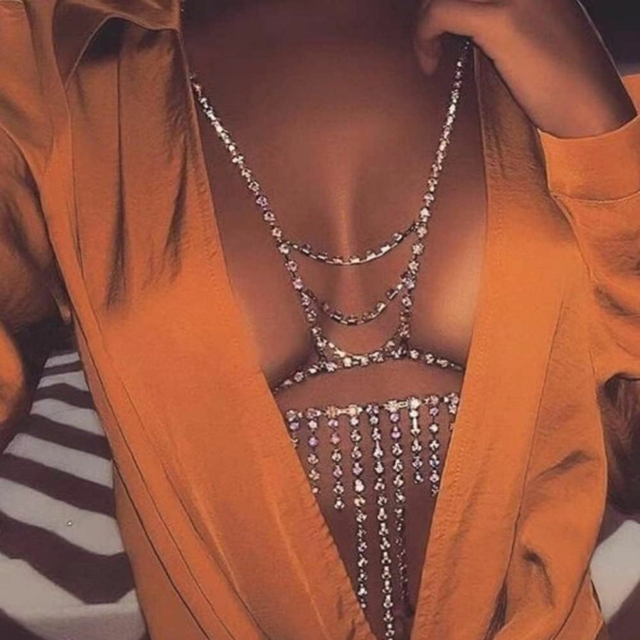 Body Chains | YERTTER Yertter Rhinestone Silver Gold Neck Chain Link Waist Chain Crystal Bra Chain Chest Chain Underwear Chain Waist Chain Body Chain Sexy Bkini Body Accessories Jewelry For Women Brides