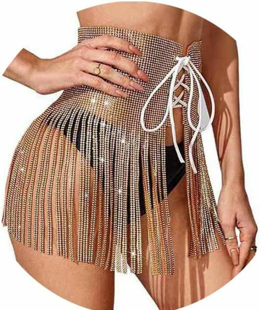 Body Chains | Yokawe Yokawe Sparkly Crystal Dance Skirt Gold Rhinestone Waist Chain Bandage Sexy Belly Body Chain