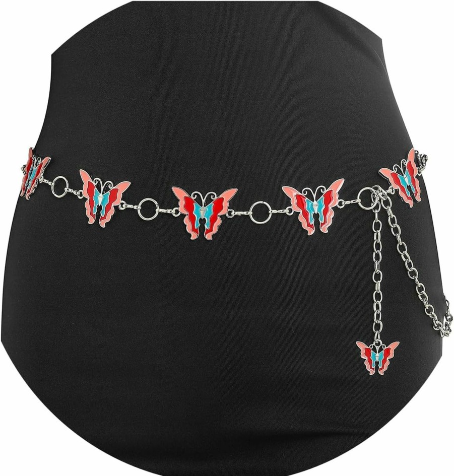 Body Chains | Vaquty Vaquty Metal Waist Chain Silver Butterflies Handpainted Belly Chain Belt Adjustable Butterfly Pendant Body Chains Jewelry Accessories For Women And Girls