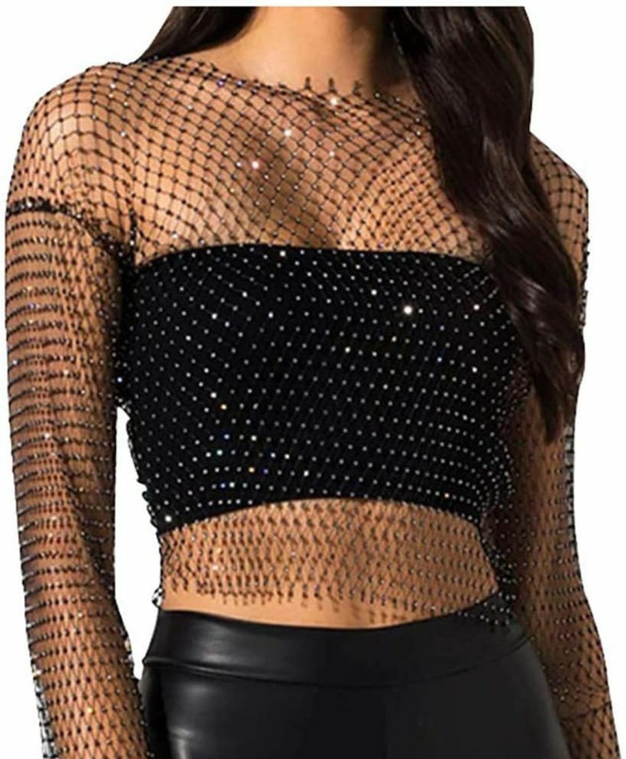 Body Chains | Fstrend Fstrend Mesh Body Chains Crystal Long Sleeve Fishnet Crop Tops Rhinestone See Through Cover Up Bikini For Women