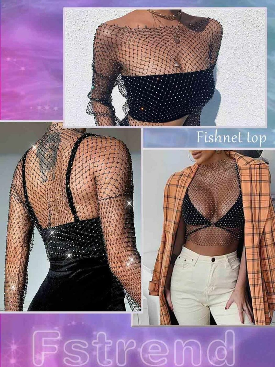 Body Chains | Fstrend Fstrend Mesh Body Chains Crystal Long Sleeve Fishnet Crop Tops Rhinestone See Through Cover Up Bikini For Women