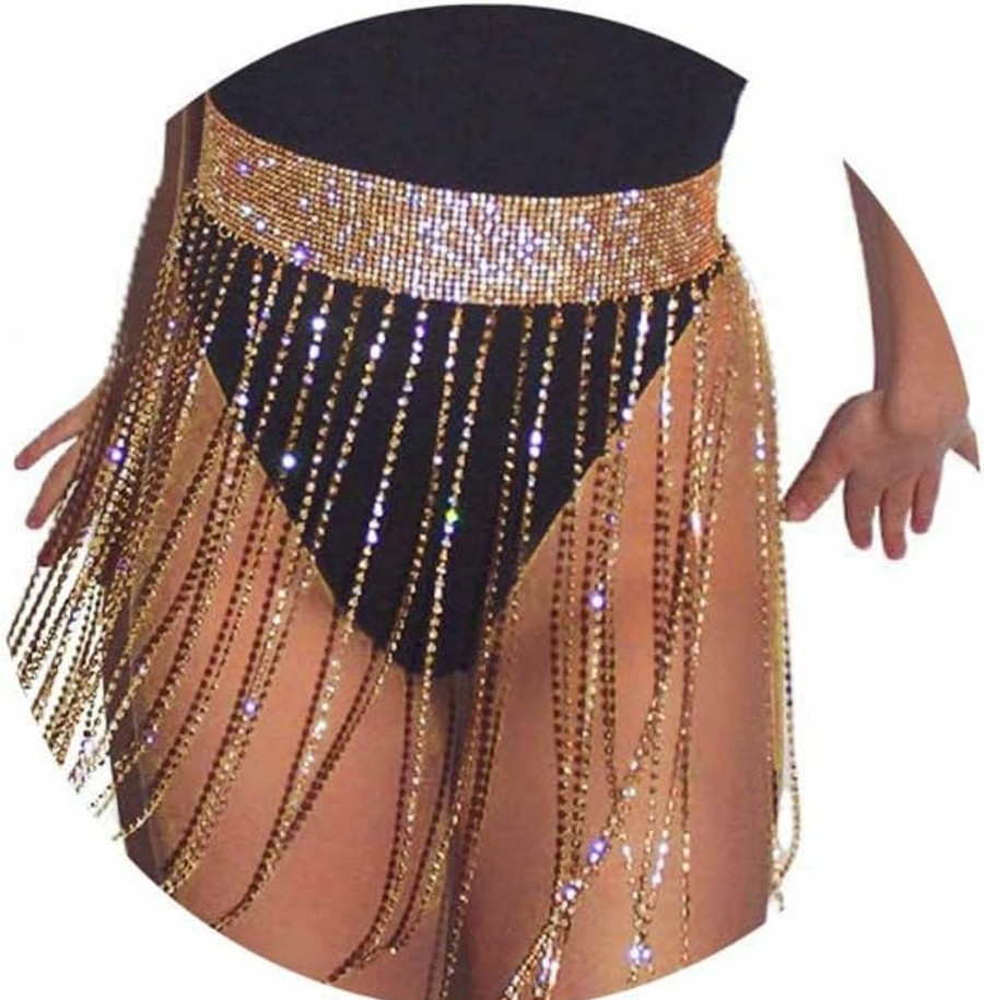 Body Chains | Zeelina Zeelina Rhinestones Belly Dance Skirt Gold Tassel Crystal Body Chain Bikini Summer Beach Waist Chain Sparkly Body Jewelry Accessories For Womens