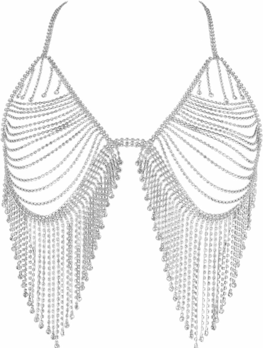 Body Chains | Cuier Cuier Tassel Rhinestone Chest Chain Bra Body Jewelry For Women Silver Bikini Bra Body Chains