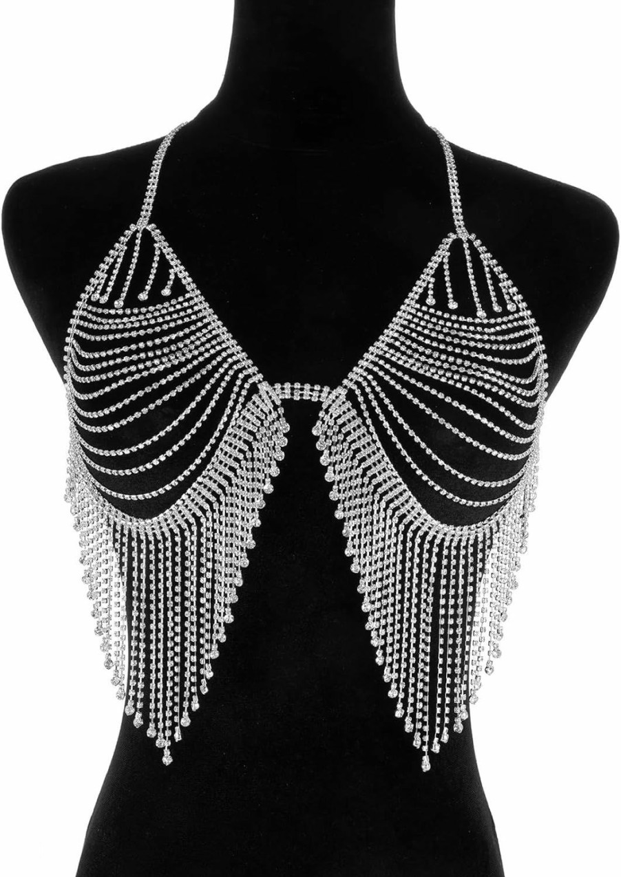 Body Chains | Cuier Cuier Tassel Rhinestone Chest Chain Bra Body Jewelry For Women Silver Bikini Bra Body Chains