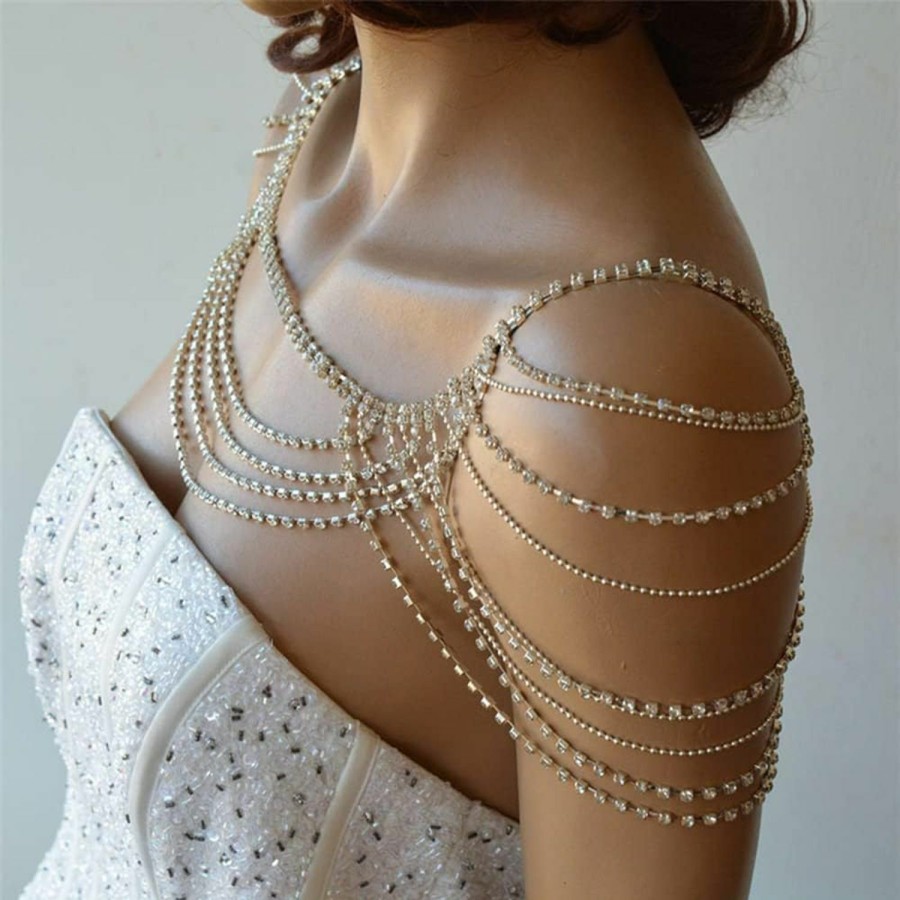 Body Chains | Xerling Xerling Rhinestones Sexy Shoulder Bra Body Chain Fringe Tassels Body Jewelry Wedding Arm Chain Summer Beach Bikini Shoulder Harness For Women Brides