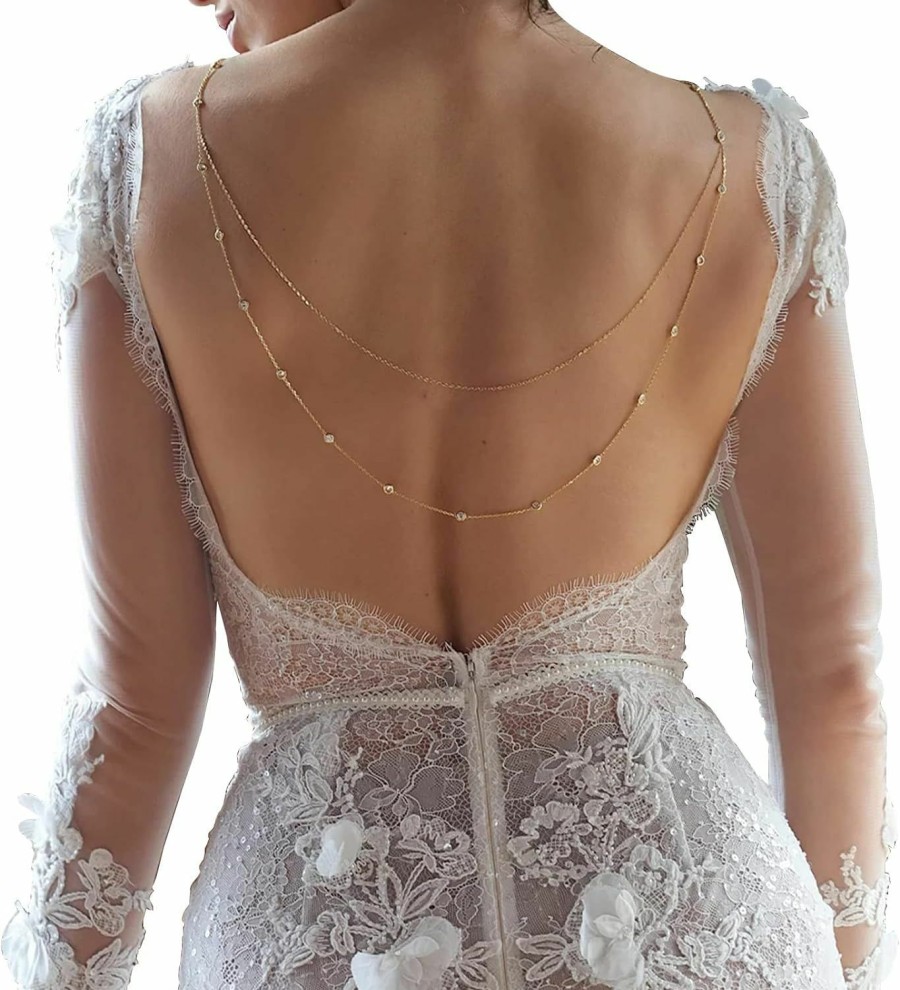 Body Chains | Rotaiboes Rhinestone Double Layered Back Chain Jewelry Rhinestone Bridal Back Necklace Sexy Bikini Crystal Shoulder Chain Wedding Backdrop Jewelry For Women (Silver)