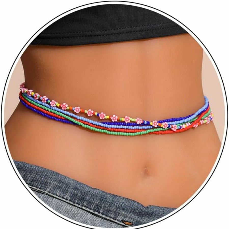 Body Chains | FUTIMELY Futimely Flower Waist Bead Chains For Women Girls,Layered Colorful Elastic Seed Beads Belly Body Chain Beach Set Handmade With Heart Tassels African Jewelry