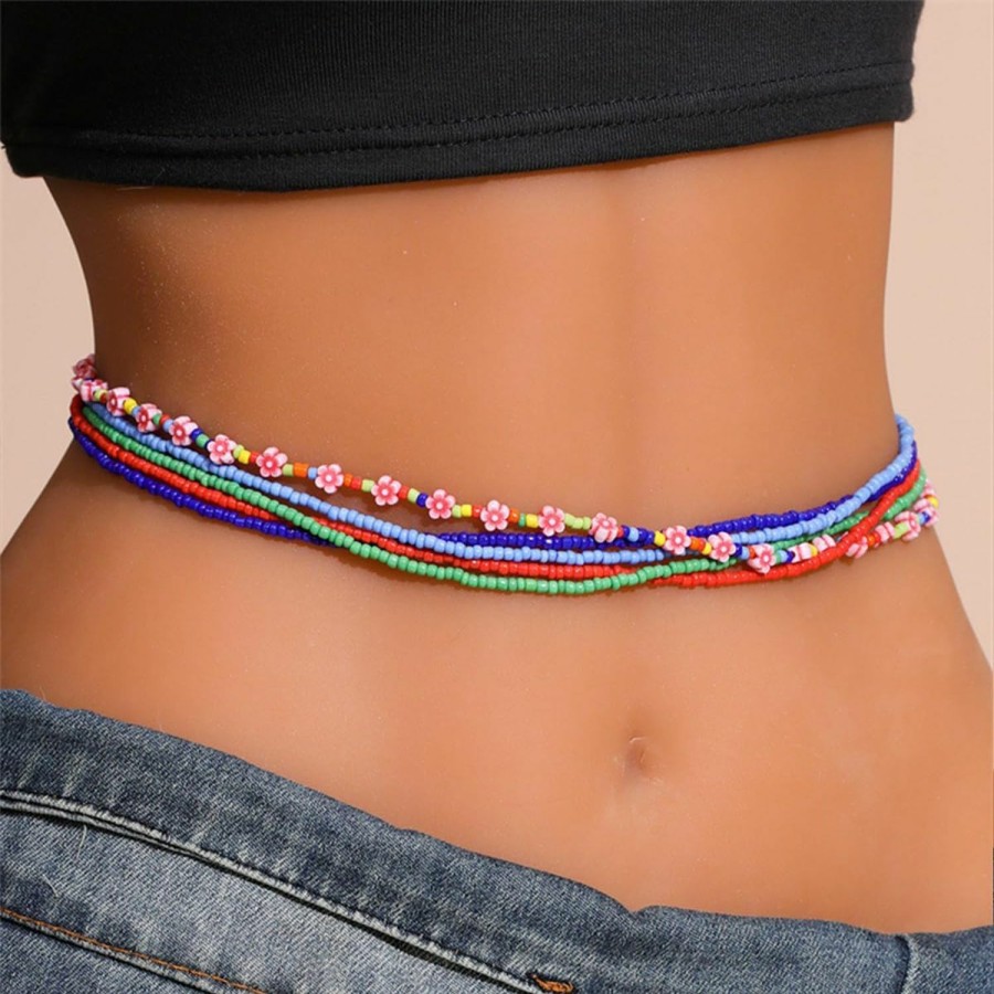 Body Chains | FUTIMELY Futimely Flower Waist Bead Chains For Women Girls,Layered Colorful Elastic Seed Beads Belly Body Chain Beach Set Handmade With Heart Tassels African Jewelry