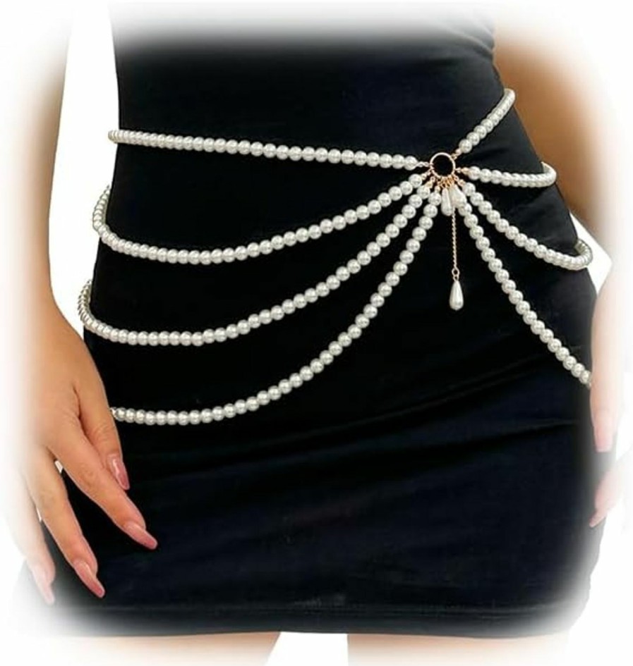 Body Chains | Cusmyre Summer Multi-Layered Long Big Pearl Waist Chain Belt Pearl Waistband Pearl Hip Belly Body Chain Dress Pearl Belt For Women