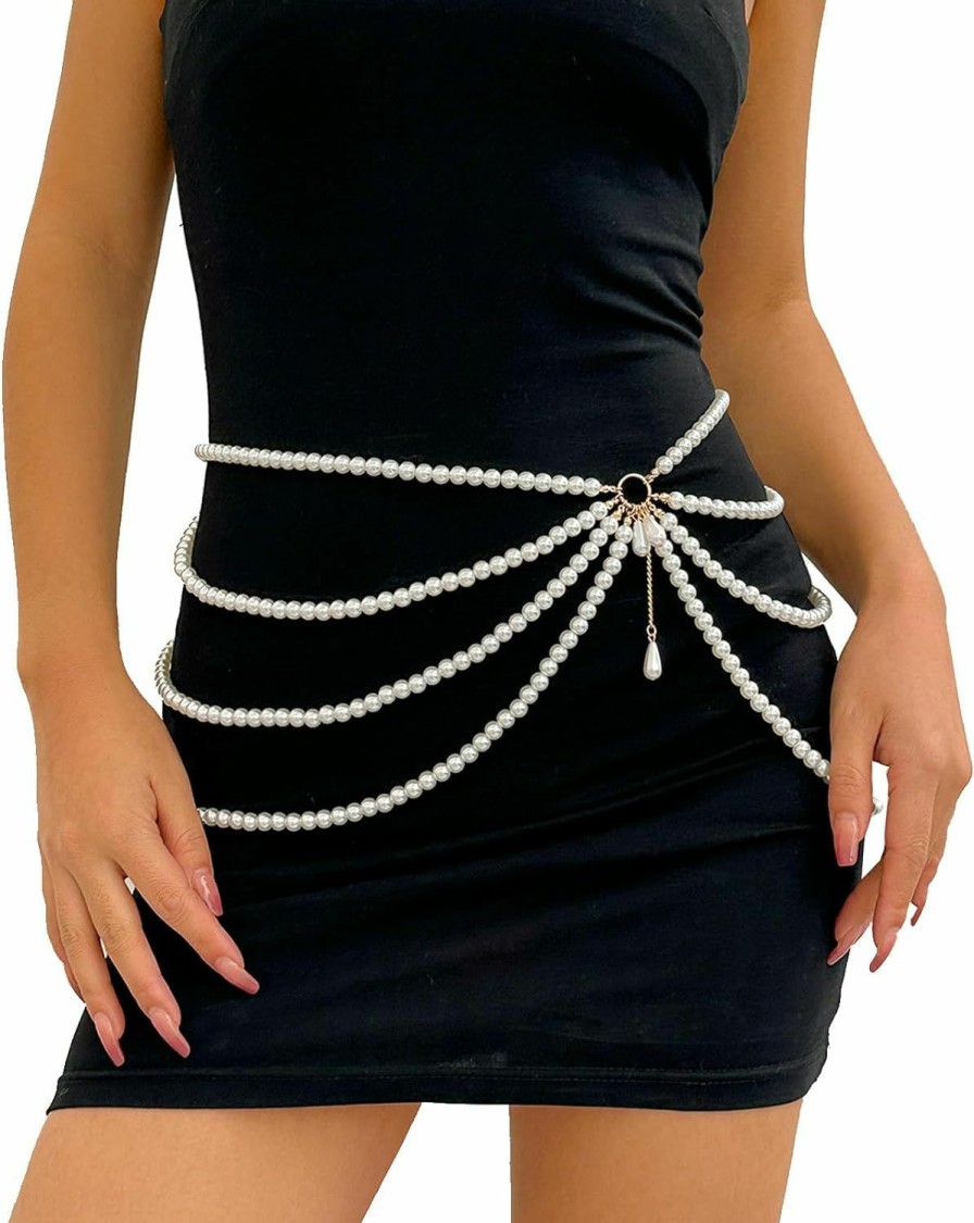 Body Chains | Cusmyre Summer Multi-Layered Long Big Pearl Waist Chain Belt Pearl Waistband Pearl Hip Belly Body Chain Dress Pearl Belt For Women