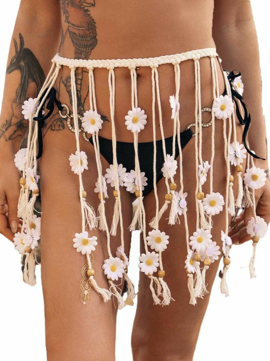 Body Chains | EVILD Evild Crochet Tassel Rope Waist Belt Boho Adjustable Summer Cover Up Flower Bikini Waist Accessories Knit Beach Women Costume (White)