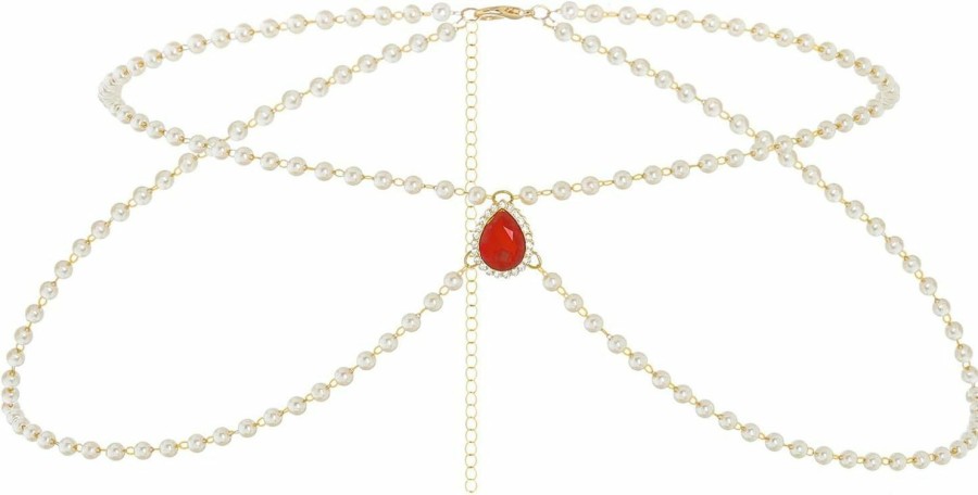 Body Chains | Wriidy Wriidy Pearl Waist Chain White Women Red Rhinestone Belly Chain Adjustble Belt Body Jewelry Accessories For Dress