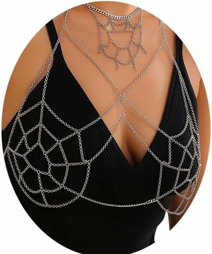 Body Chains | Rotaiboes Metal Silver Mesh Bra Body Chain Goth Halloween Chest Chain Bikini Festival Underwear Chain Top Harness Body Chain Necklace Jewelry For Women (Silver)