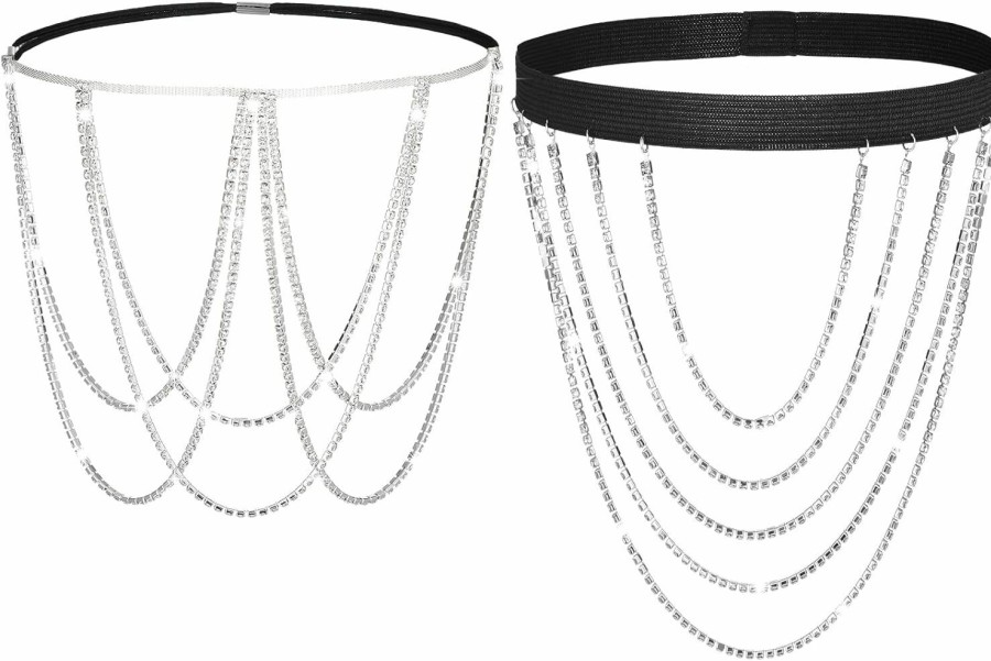 Body Chains | Sureio 2 Pieces Crystal Leg Chains Thigh Chain Jewelry Rhinestone Sliver Thigh Chain Layered Body Chain Beach Body Chains Thigh Jewelry For Women Girls Rave Party