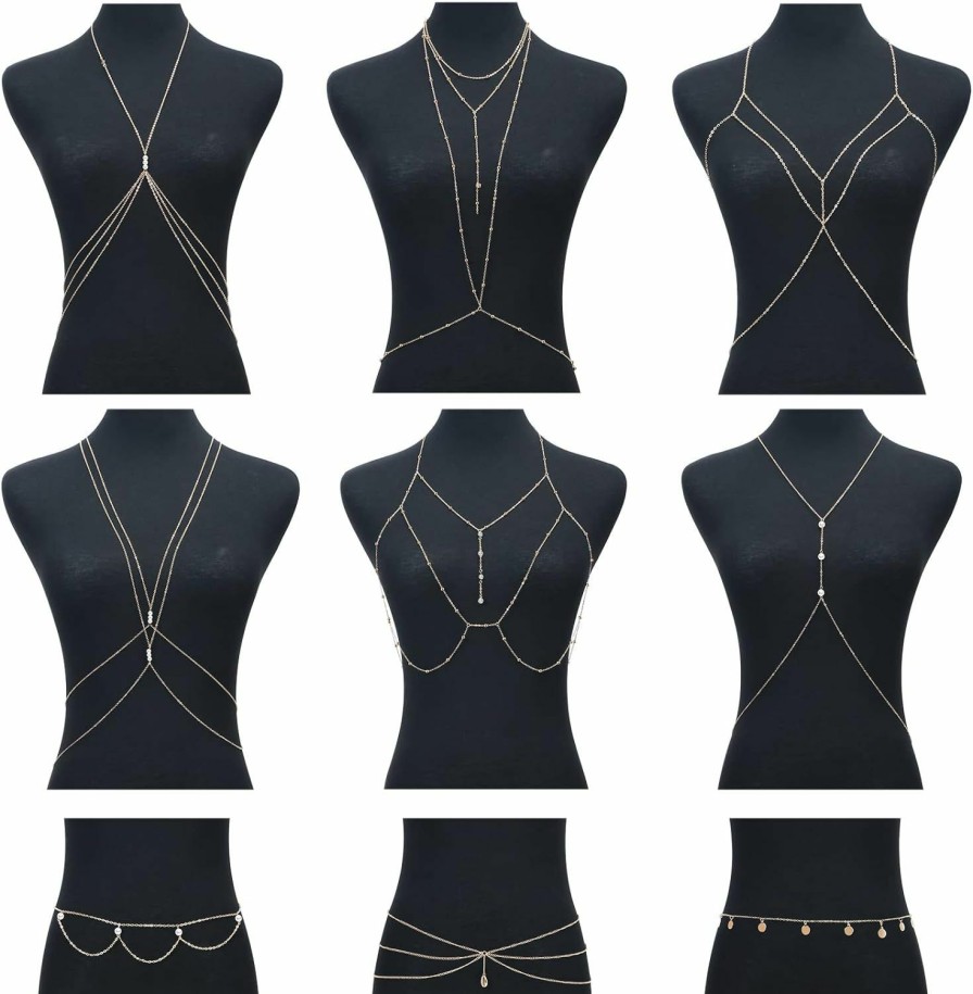 Body Chains | Kenning 9 Pcs Body Chain Jewelry Bikini Bra Chain Retro Waist Belly Chain Necklace Boho Belly Waist Chain Body Jewelry Set For Women Girls Summer Beach Gold