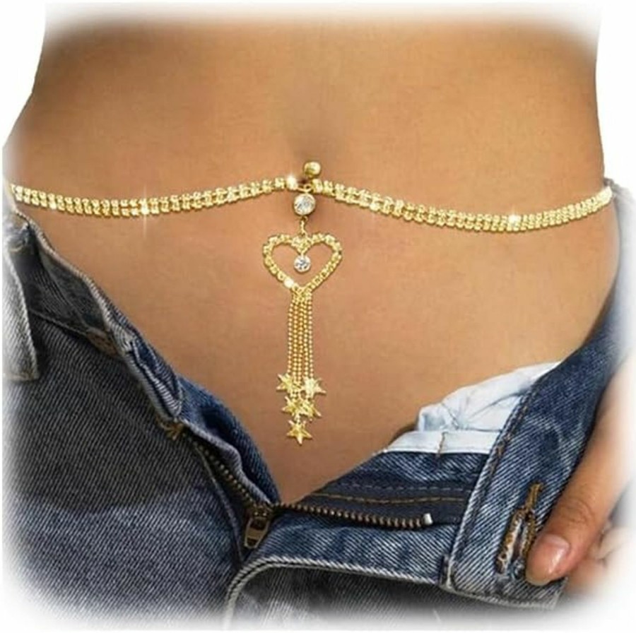 Body Chains | WFik Women Heart Rhinestone Dangle Belly Button Chain Summer Crystal Navel Piercing Button Belly Ring With Waist Chain Bikini Beach Festival Belly Body Chain Jewelry