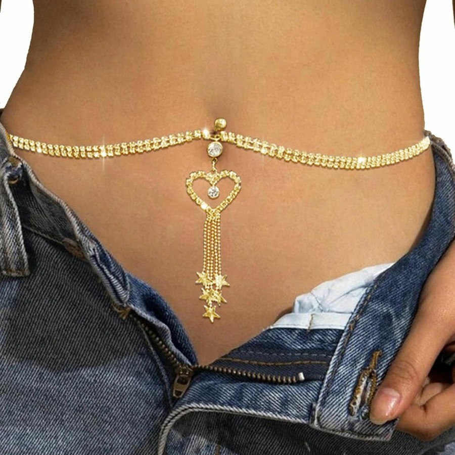 Body Chains | WFik Women Heart Rhinestone Dangle Belly Button Chain Summer Crystal Navel Piercing Button Belly Ring With Waist Chain Bikini Beach Festival Belly Body Chain Jewelry