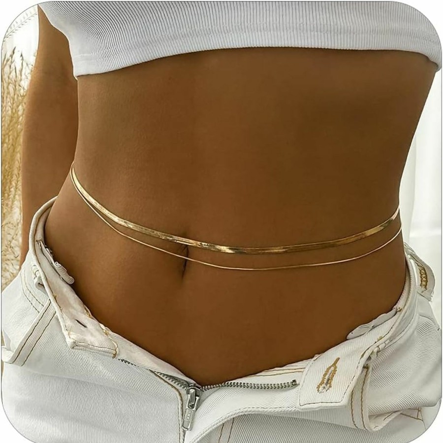 Body Chains | Choistily Gold Waist Chain Layered Belly Chain Body Jewelry For Women Snake Chain Waist Chain Gold Herringbone Belly Chain For Summer(A)