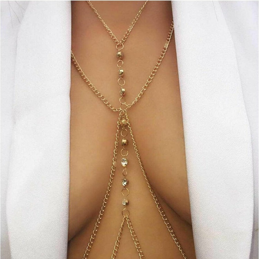 Body Chains | Zangoiry Double Layered Crystal Body Chain Summer Beach Gold Harness Body Chain Bra Jewelry Bikini Layered Waist Belly Chain Festival Body Chain For Women (Gold)