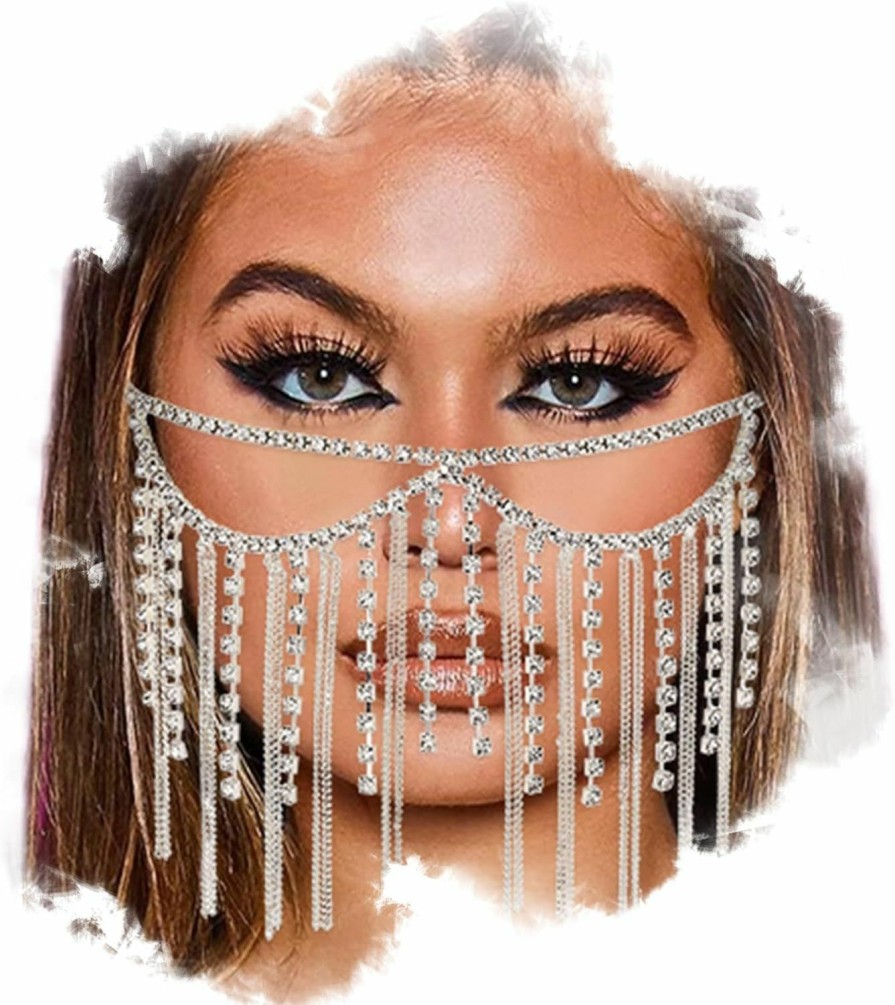 Body Chains | Formery Formery Rhinestone Tassel Masquerade Face Chain For Women, Crystal Fringe Headwear Mask Chains Sparkly Party Jewelry Accessories